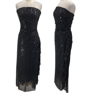 Vintage 90s Y2k City Triangles Strapless Gown Sequined Gathered Black Silver 6/8